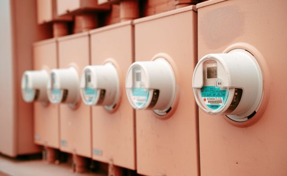 Close-up view of a row of industrial electricity meters for power monitoring and technology.